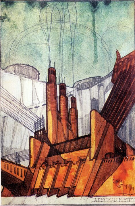 Part of the 1914 series La Città Nuova by Sant'Elia. This is his proposal for a power station.